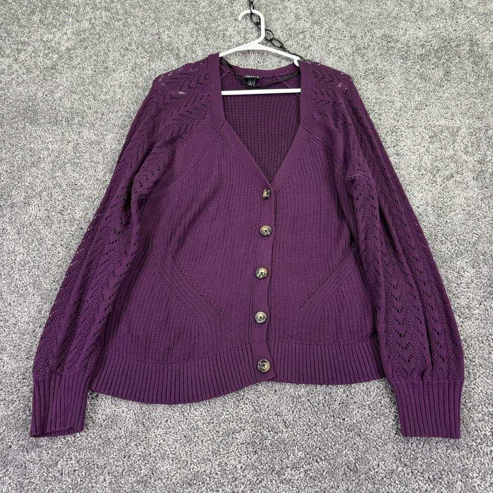 Torrid Sweater Womens 1 Purple V Neck Open Knit Button Cardigan Plus Casual